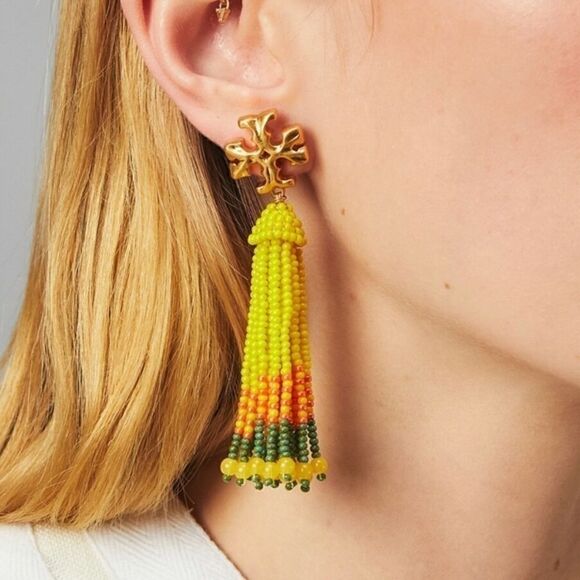 NWT TORY BURCH ROXANNE BEADED TASSEL EARRING GOLD/YELLOW BEADS - Picture 3 of 7